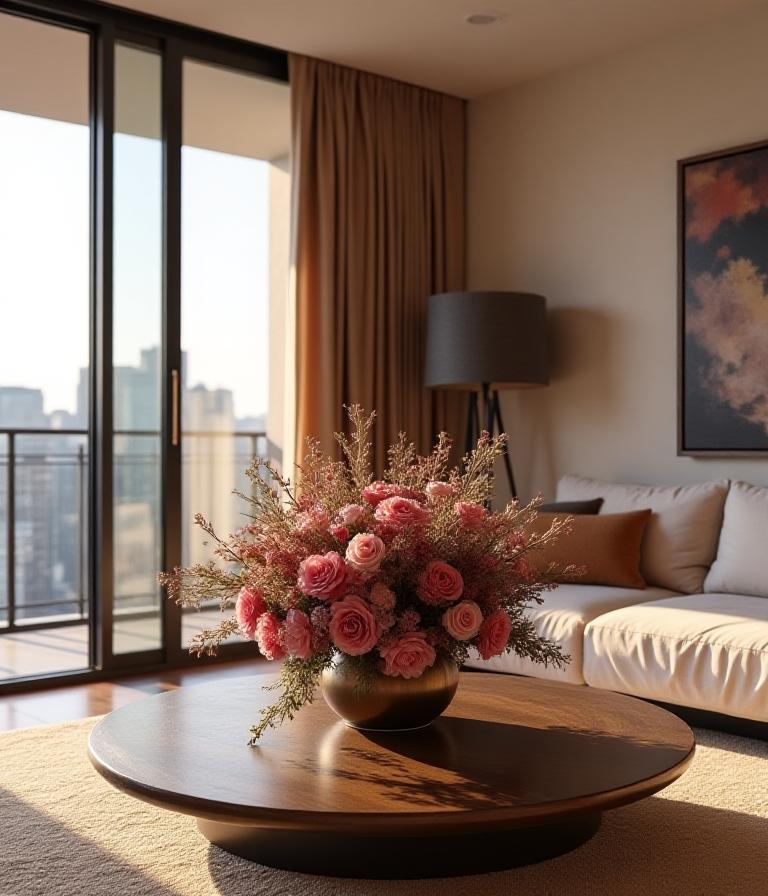 Luxury living room with a prominent floral centerpiece for real estate staging