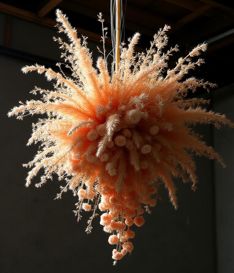 Hanging floral installation above a dining area