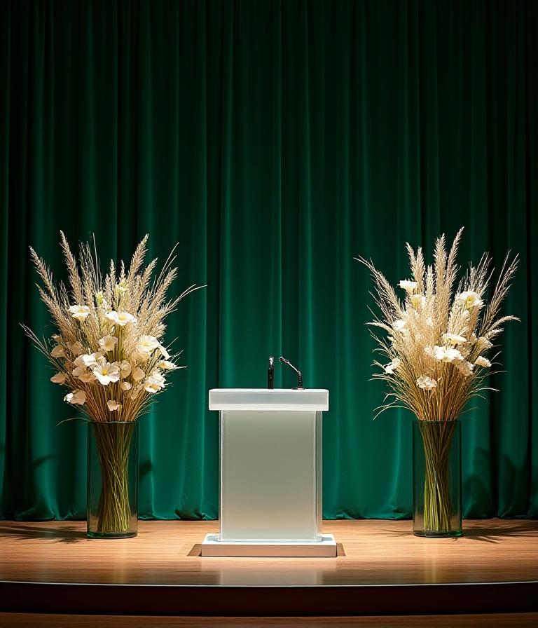Floral arrangement framing a presentation podium