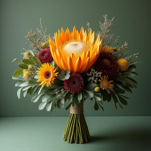 Australian native flower arrangement featuring King Protea and Eucalyptus
