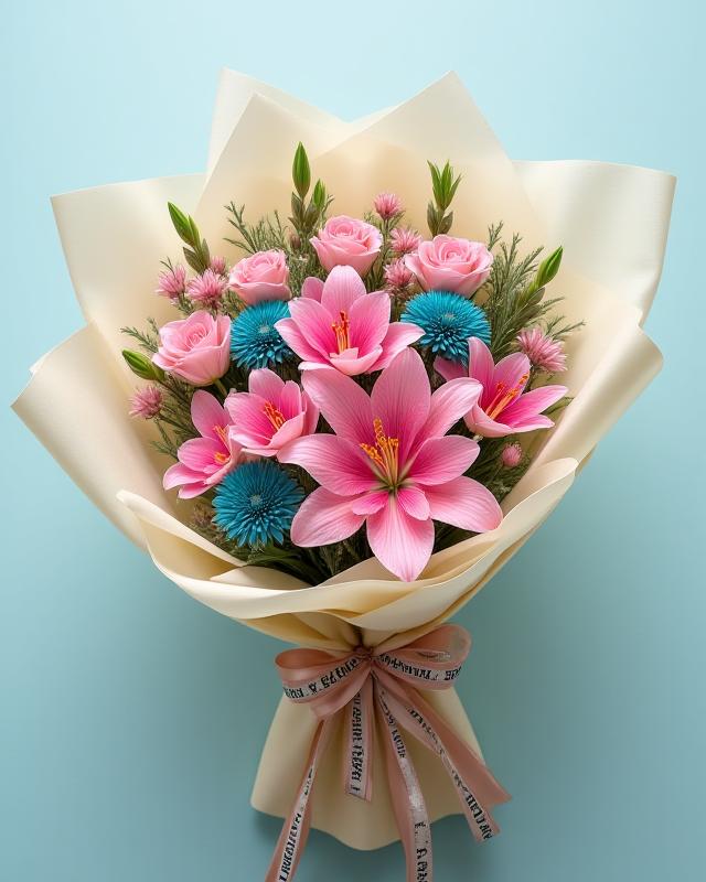 Luxury seasonal hand-tied bouquet wrapped in premium paper