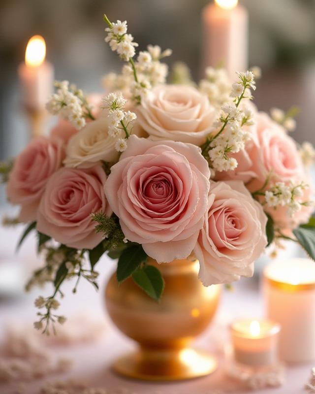 Soft blush and cream wedding floral centerpiece with roses and peonies