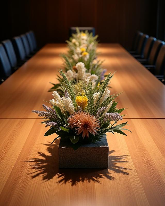 Modern corporate boardroom with structural native arrangements