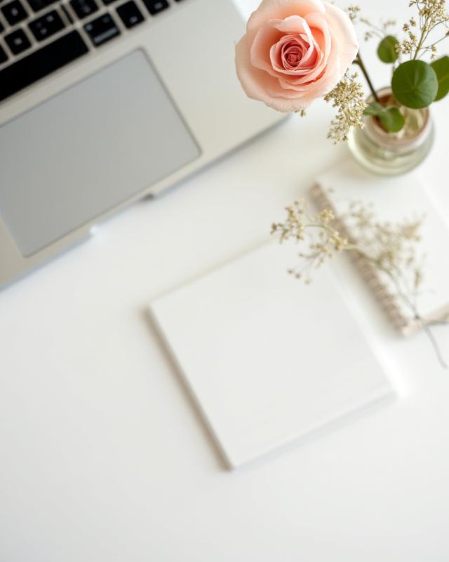 Remote workers home office with a small delicate bud vase