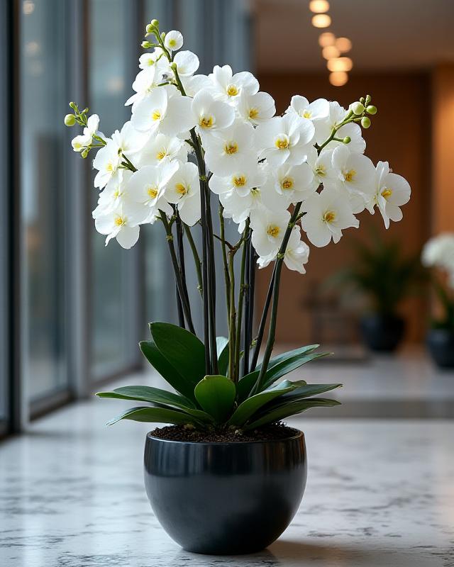 Luxury apartment lobby featuring elegant orchid arrangements