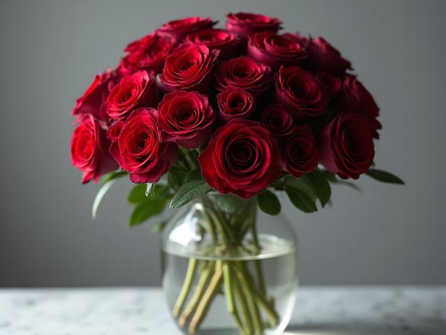 Classic crimson rose arrangement in a glass vase