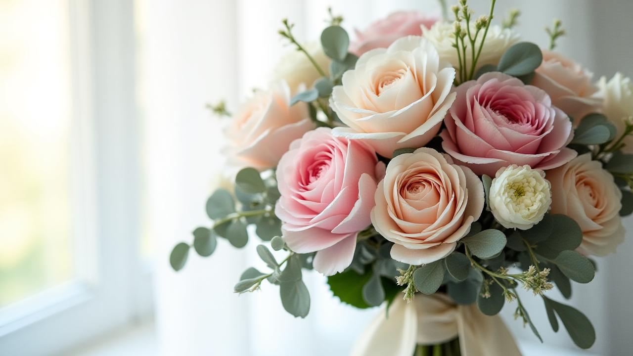 Exquisite bridal bouquet with soft peonies and eucalyptus